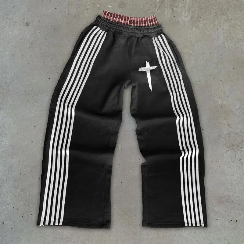 

American retro wide leg sports pants with striped design, casual and fashionable street style printed stripes, loose straight le