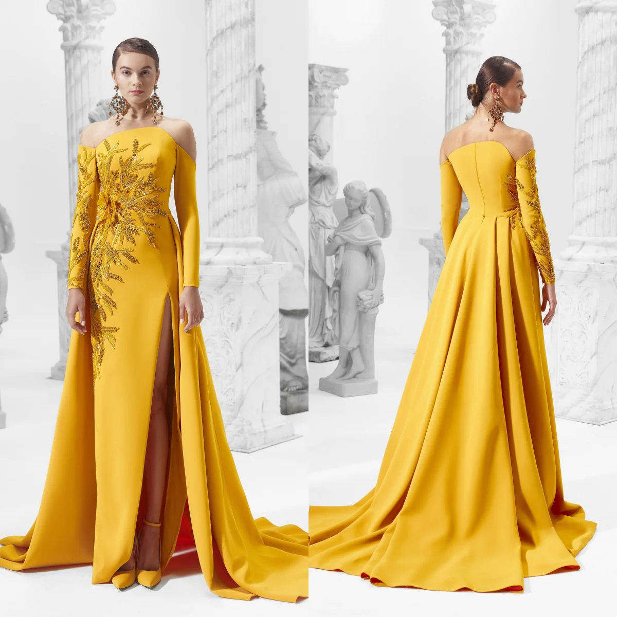LY07Hot Sale Gold Long Sleeves beaded Satin Sexy فساتين السهرة vestidos de fiesta vestidos de noche فساتين سهره evening dresses