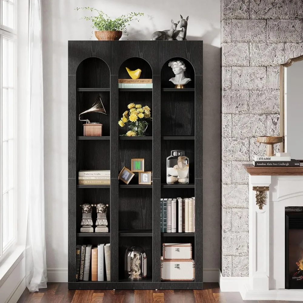 رف كتب مقوس حديث من 5 طبقات من منتصف القرن، خزانة كتب مفتوحة على الطراز القوطي بطول 70.87 بوصة للمكتبة المنزلية