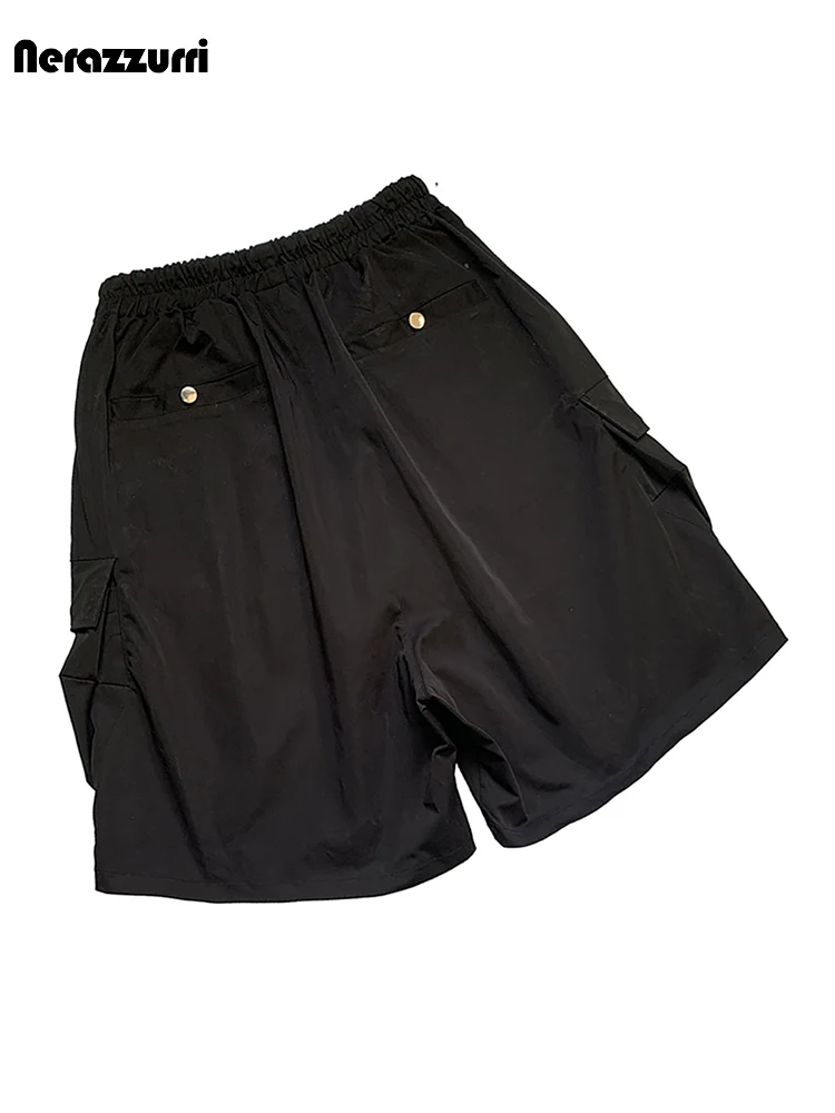 Nerazzurri Spring Summer Black Cargo Shorts for Men with Elastic Waist Drawstring Studded Knee Length Straight Pants Clothes