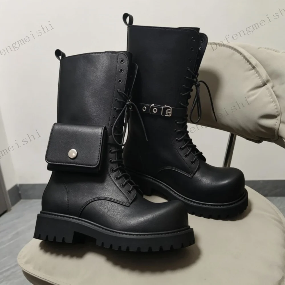 Women Black Leather Knee High Boots Side Pocket Buckle Lace Up Round Toe Thick Sole Goth Punk Streetwear Platform Boots