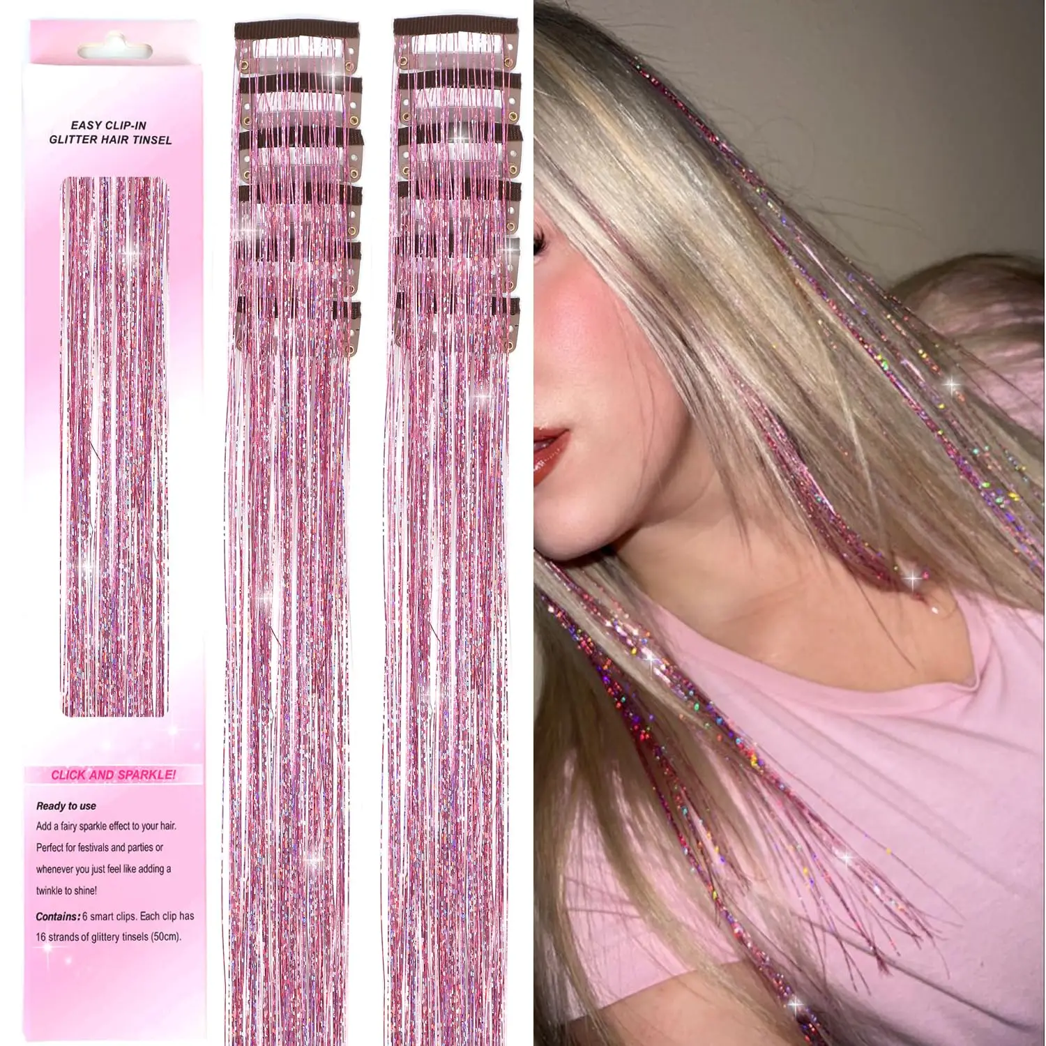 Clip in Hair Tinsel 12Pcs Heat Resistant Sparkly Glitter Fairy Hair Accessories for Girls Women Party Festival Decoration