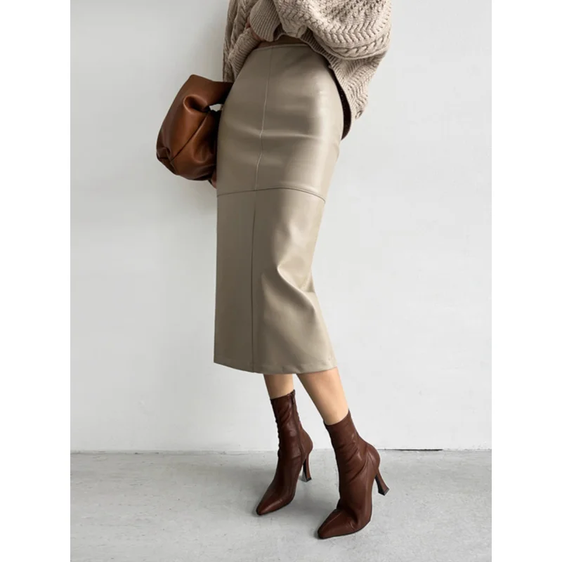 Leather Skirt Skirt Women's Autumn and Winter New Temperament SlimmingpuLeather Mid-Length Hip Skirt High Waist Drooping Skirt