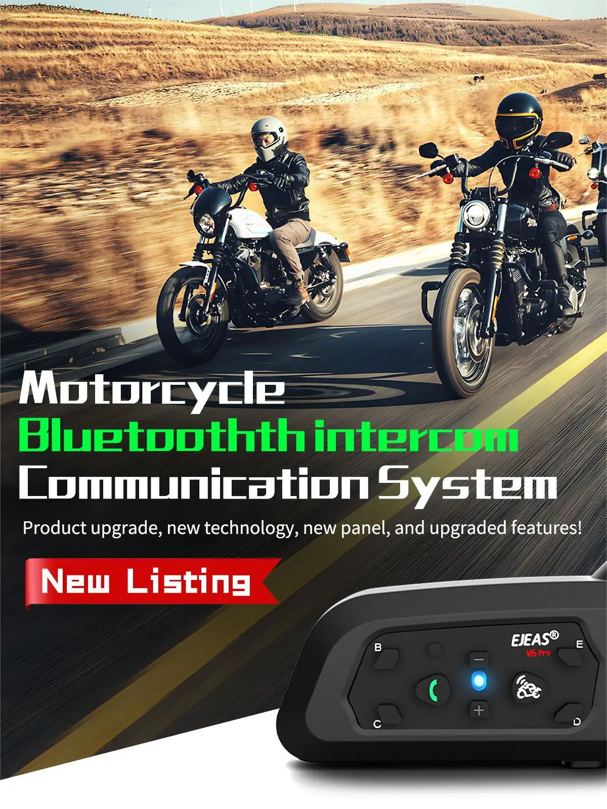 EJEAS V6 PRO + intercomunicador para motocicleta, auriculares con Bluetooth para casco, intercomunicador de 800m, resistente al agua, reproductor de música con cancelación de ruido