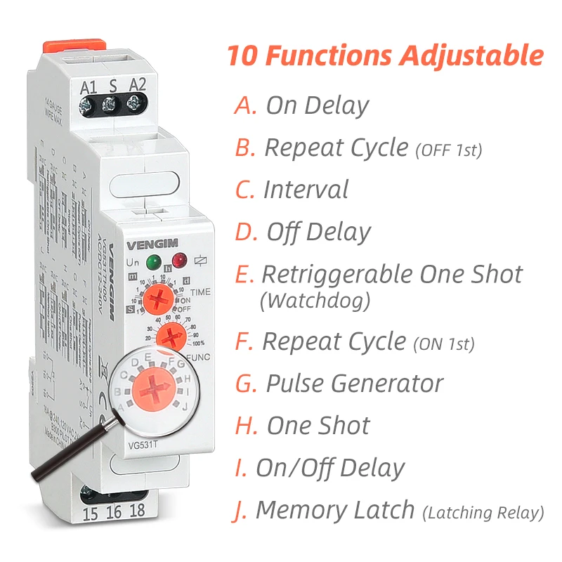 VENGIM 16A Multifunction Timer Relay 12V 24V 220V 230Volt AC DC with 10 Functions Din Rail Off Delay Time Relay