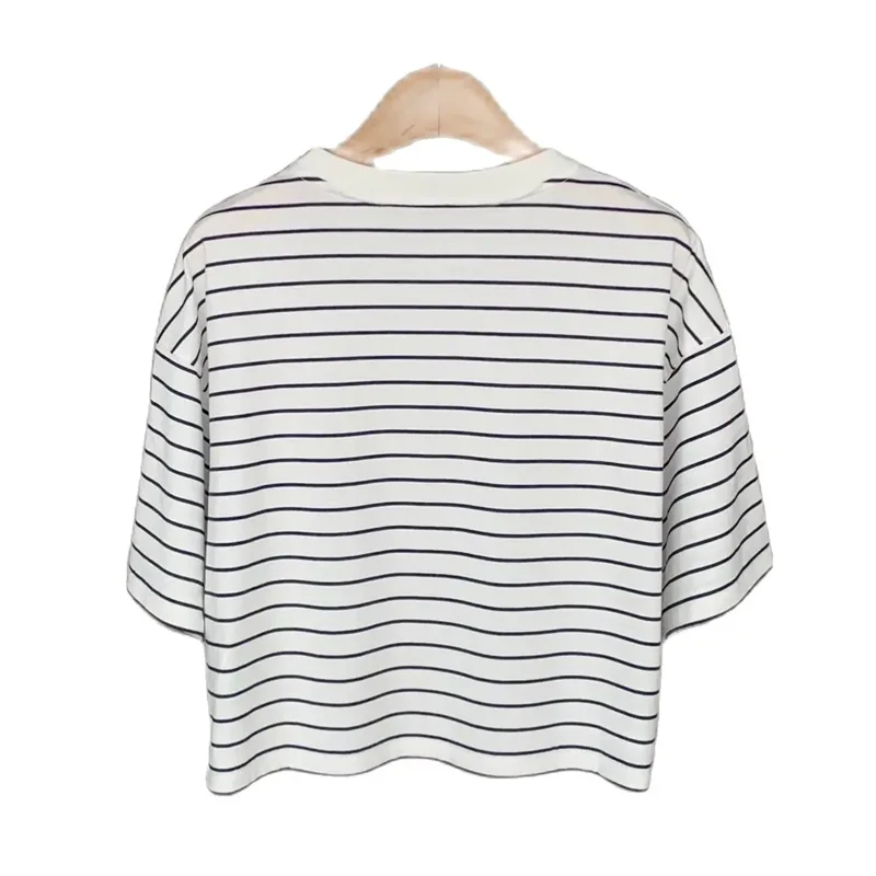 

New 2024 Women Sweet Girl Striped T-Shirt Cotton O-Neck Letter Patchwork Summer High Street Chic Stunning Fashion Design Trendy
