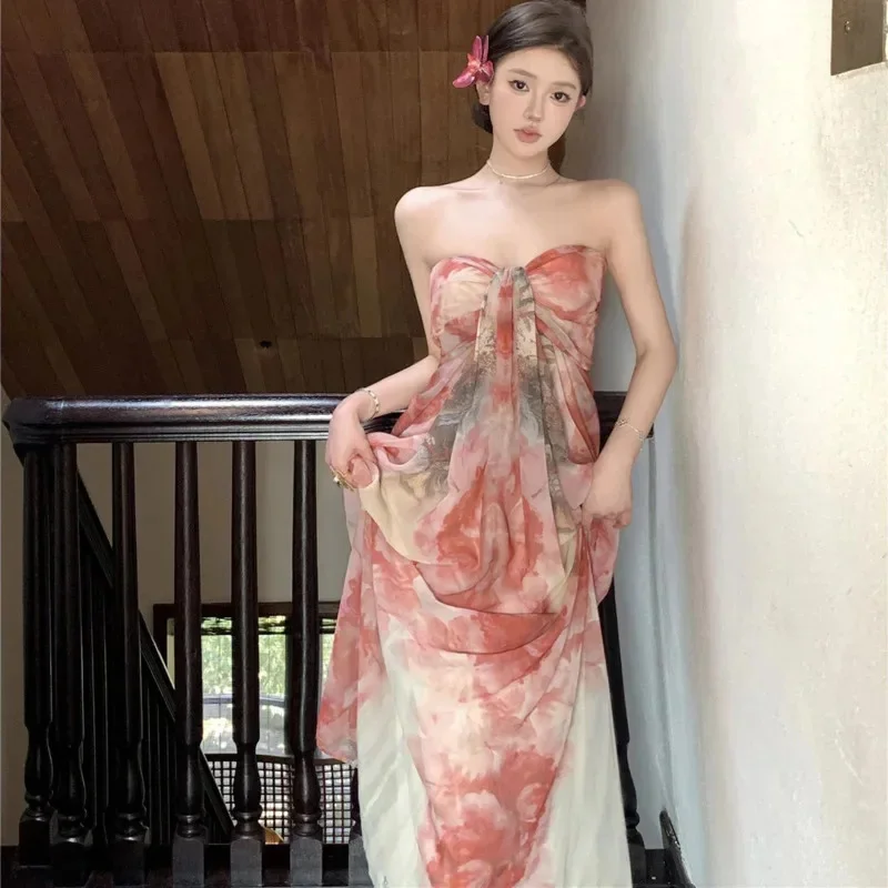 

Sexy Off Shoulder Niche Tie Dye Long Dress Women Elegant Print Knot Sleeveless A-Line Strapless 2025 Summer Beach Party Vestidos