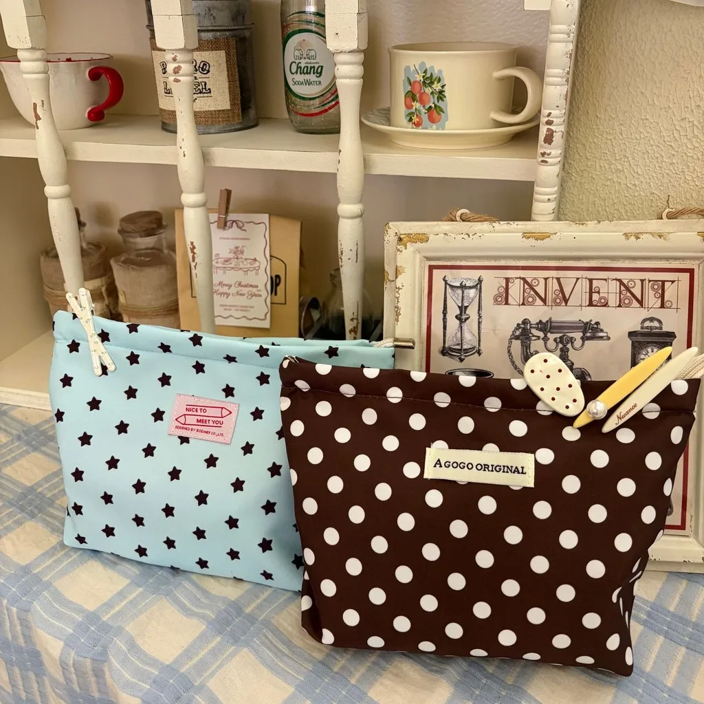 Ins Korean Polka Dot Star Printed Makeup Bag Waterproof Large Capacity Cosmetic Bag Portable Travel Toiletry Storage Pouch