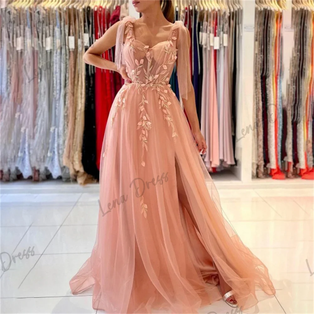 

Lena - Fine Shoulder Strap Evening Dress Elegant Pink Ball Dress Sticker Lace Wedding Evening Dress High slit Evening Dress