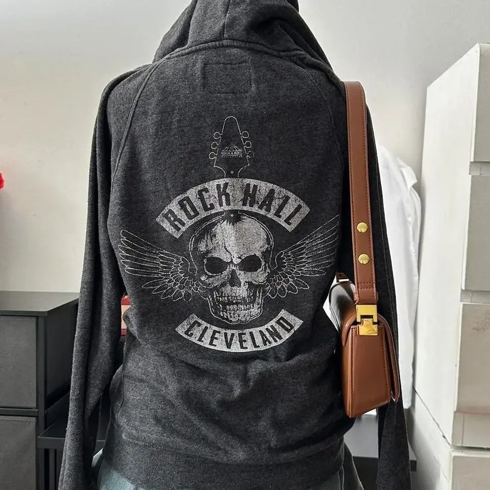 Punk Hip Hop Washed Skulls Printed Light Colour Hoodies 2024 Slim and Versatile Comfortable Sweatshirts Thick Velvet Jackets