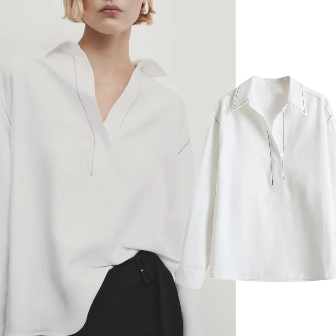 

Dave&Di British Minimalist Stitching Contrasting Color Fashionable Shirt Office Ladies Loose Women White Blouse Women