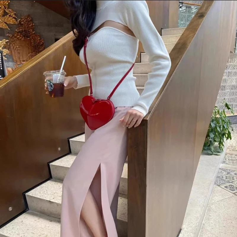 Red Heart Shape Bag Female Sweety Japanese Cow Skin Luxury Quality One Shoulder Handbag Ladies Gift