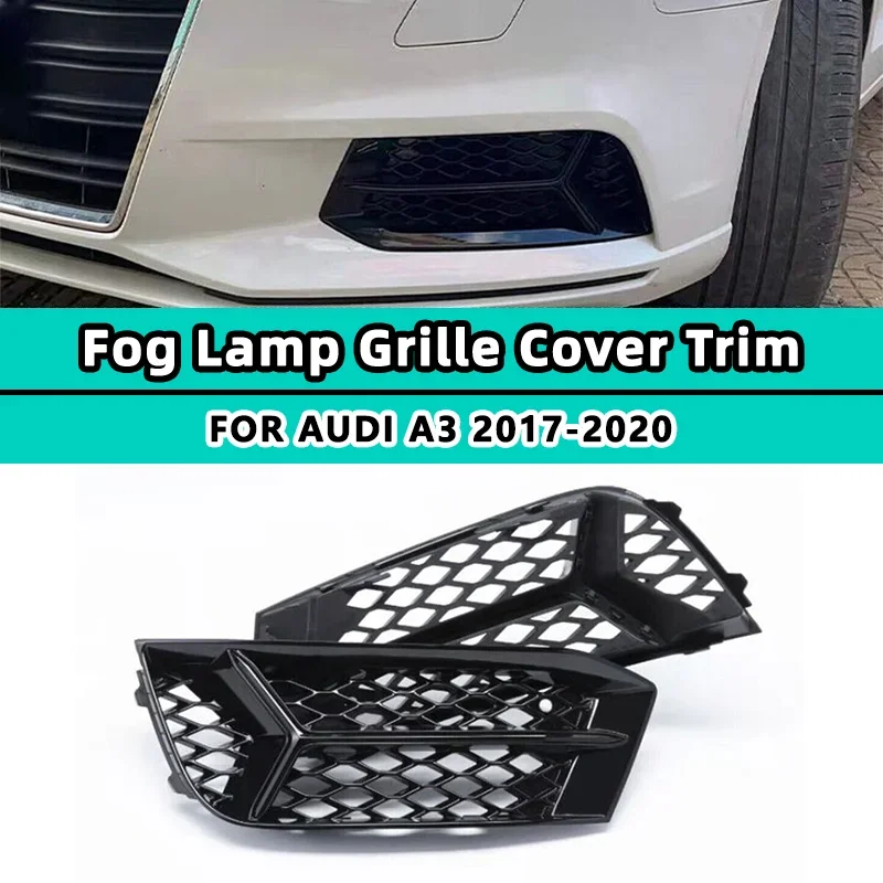 Glossy Racing Style Honeycomb Fog Light Grill Cover 2X For Audi A3 2017-2020 Front Bumper Replacement Set