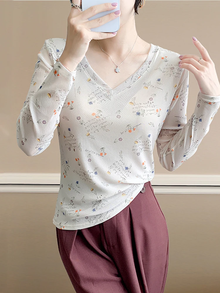 

Sexy V-Ne Printed Long Sve T-irt Women's Slim Fit Me Lingerie Top Floral Patterned Casual Wear for Autumn 2025