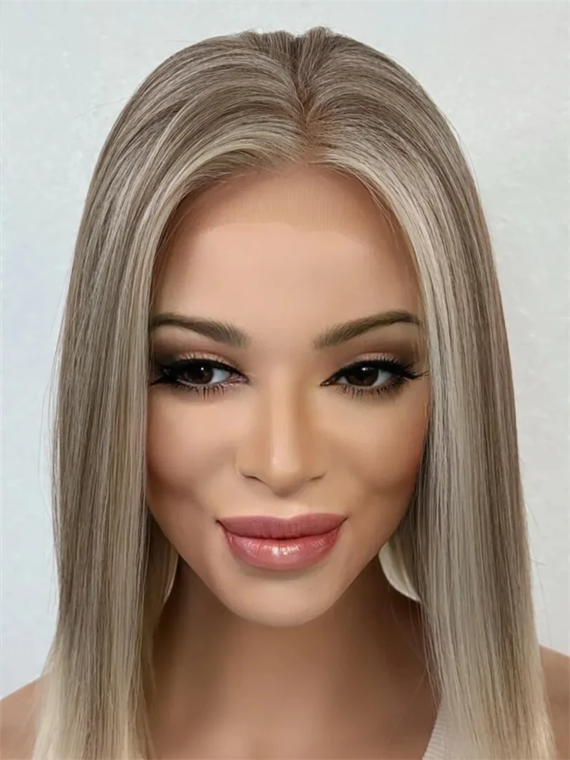 

Fashion Short Straight Bob Ombre Ash Grey Blonde Synthetic HD Lace Front Wig Natural Preplucked Hairline with Baby Hair Cosplay