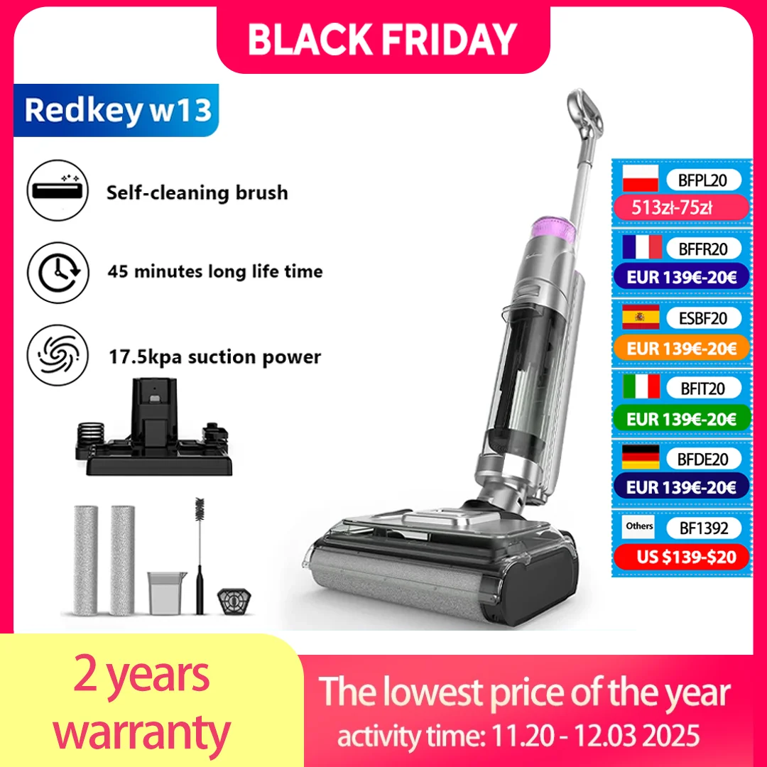 Redkey W13 aspirateur sec et humide sans fil 17.5KPA vadrouille sans fil intelligente multi-surfaces lave-sol auto-nettoyant portable