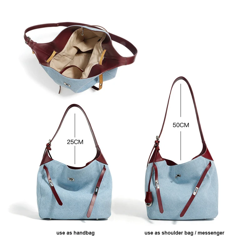 2024 Women Shoulder Bag Female Casual HOBO Tote Handbag Lady Fashion Underarm Bag Soft Denim with Split Leather Bucket Messenger