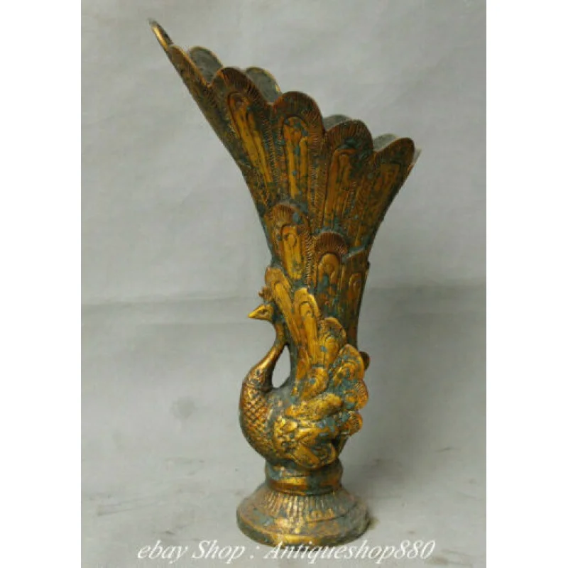 

13" Old China Dynasty Bronze Ware Gilt Phoenix Phonix Animal Zun Cup Mug Goblet