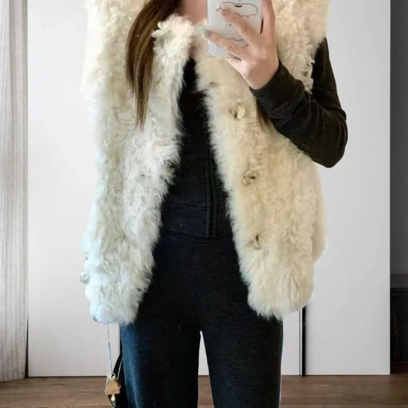 Women's 2026 Autumn Winter New Faux Sherpa Fur Vest Coat Slouchy Thick Warm Elegant Chic Coquette Trendy Outerwear Top