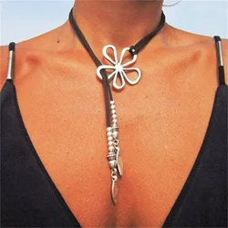 Ethnic Style Exaggerated Silver Color Flower Pendant Necklace for Women Vintage Leather Cord Beaded Beach Party Jewelry Gifts