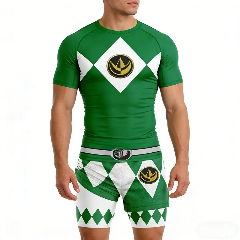 Power Rangers Ranger Compression 2 Pieces Suit Youth Gym Workout T-shirt 2-in-1 Shorts Father Cosplay Athletic Fitness Outfit
