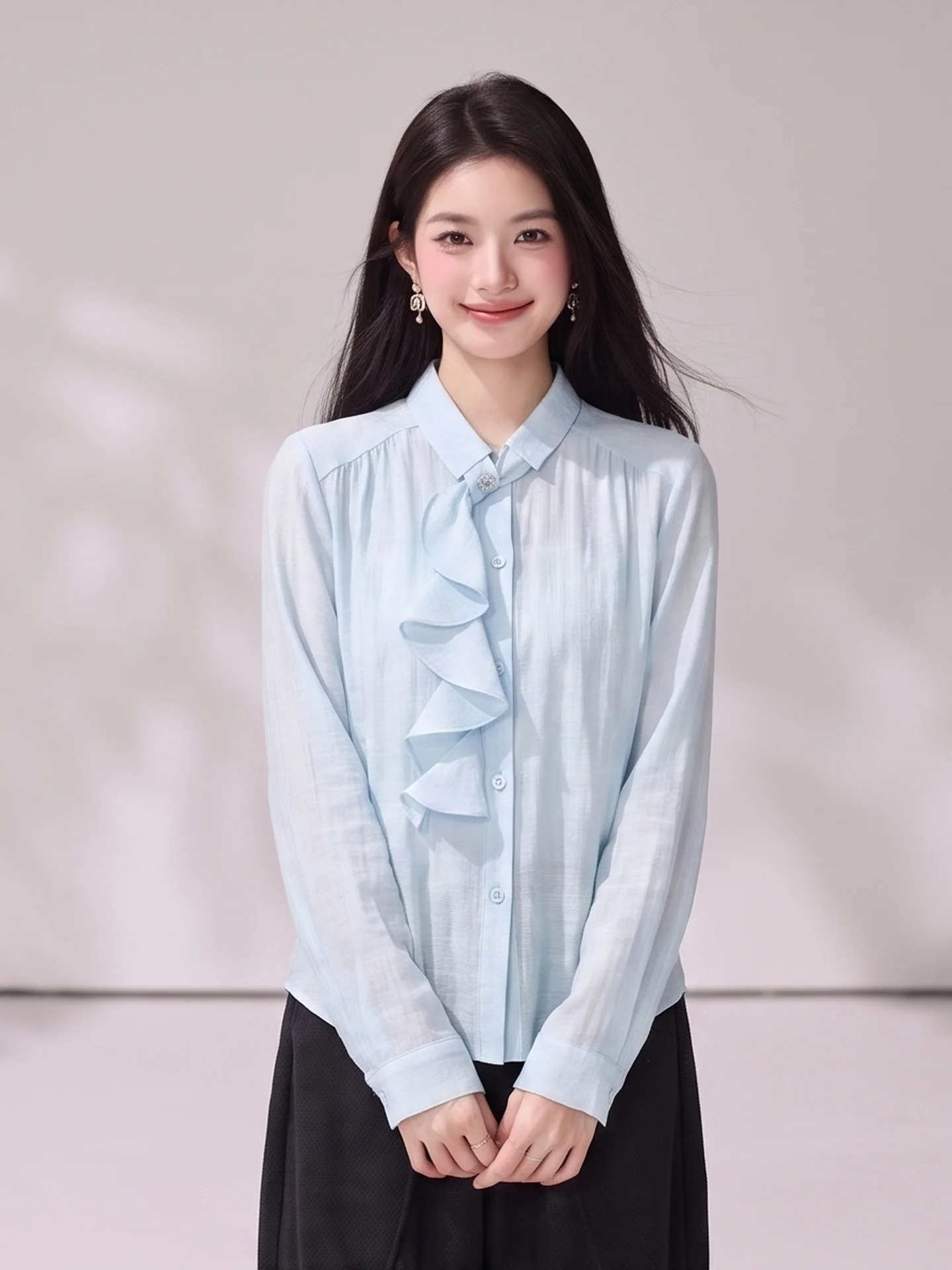 Elegant Long Sleeve Women's Shirt Loose Fit Stand Collar Bell Sleeve Commute Friendly Versatile Autumn Top Korean Style