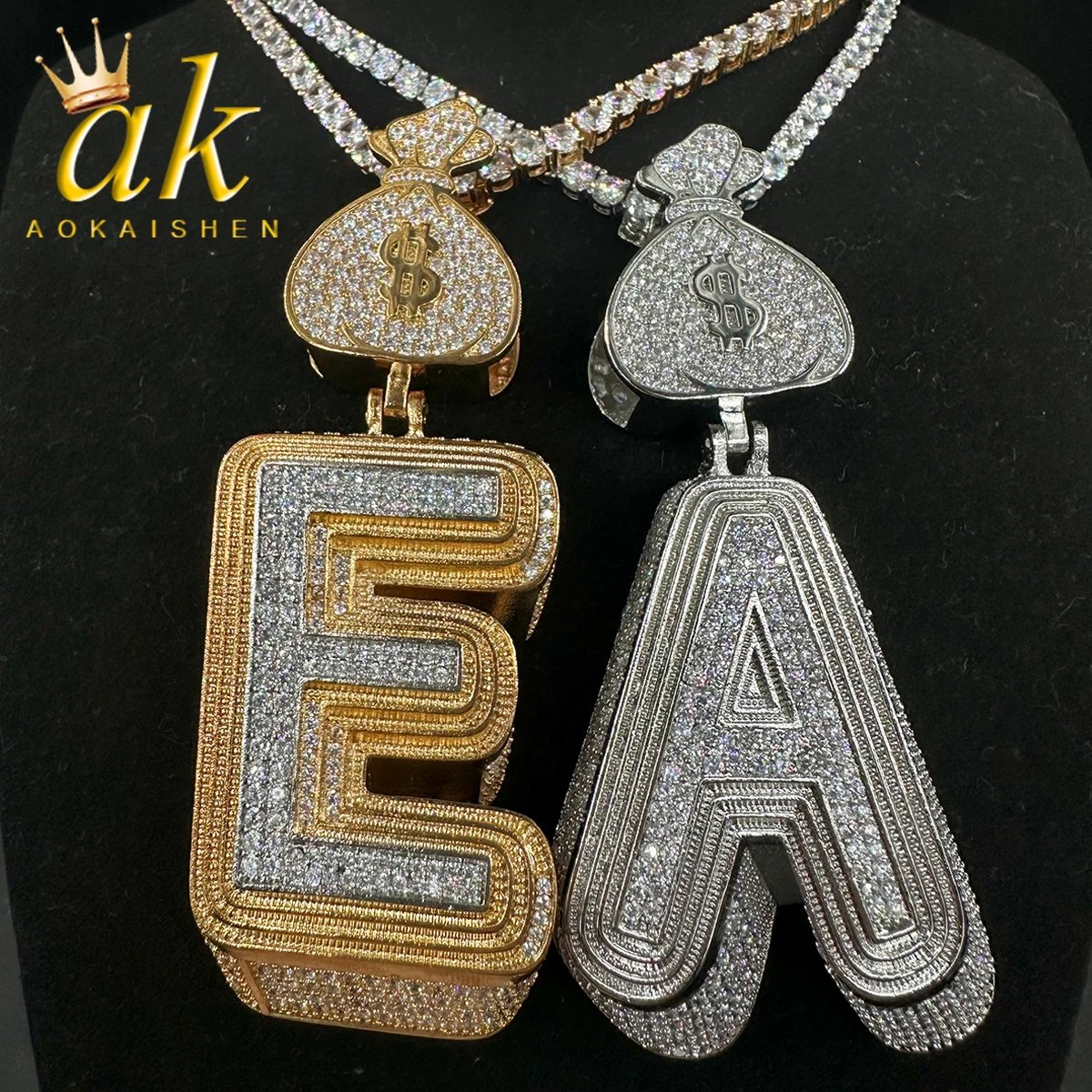 

Aokaishen Iced Prong Setting Pendant Iced Out Initial Necklace for Men Gold Plated Hip Hop Fashion Jewelry Money Bag Bail