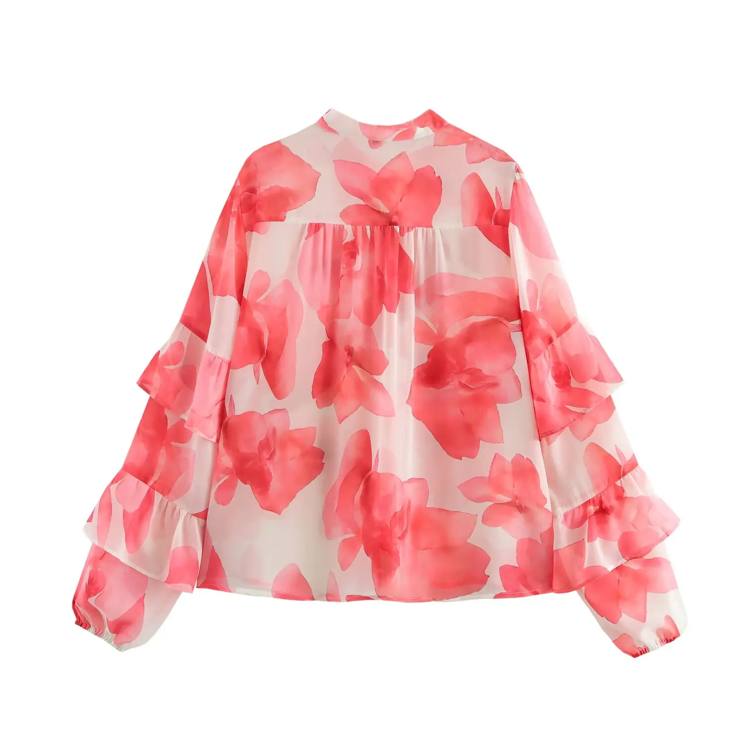 TRAFZA Women Stylish Printed Pink Ruffle Blouse Shirts Romantic Holidays Shirts 2025 New Spring Summer Fashion Casual Shirt