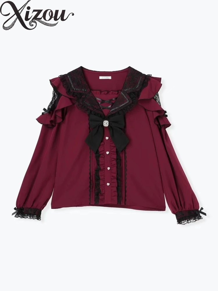 Haut à manches longues en dentelle avec nœud japonais, chemisiers à col bleu marine, Style Lolita, chemise Cosplay pour femmes, printemps automne