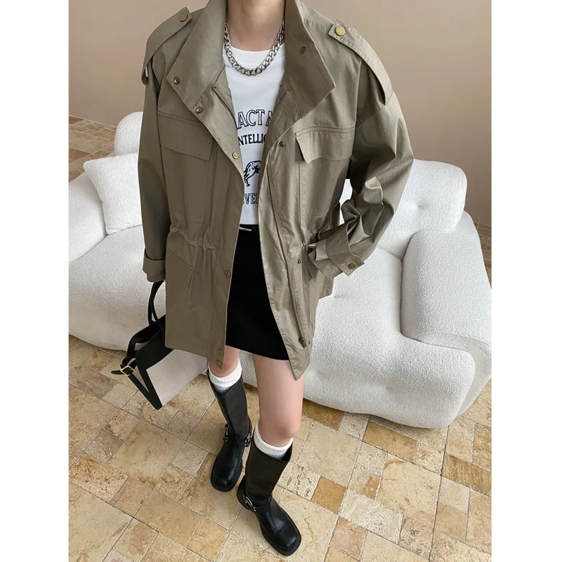 EAEOVNI Vintage Khaki Mittellange Windjacke Frauen Taschen Kordelzug Geraffte Taille Mantel Jacke Mode 2025, Herbst Neue