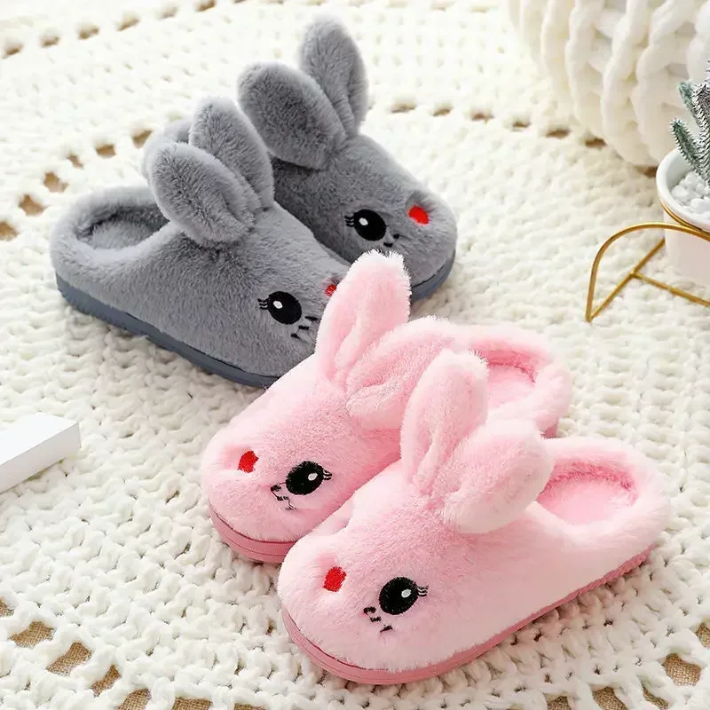 Children\'s Cotton Slippers Princess Warm Kids Winter Cute Rabbit Cartoon Indoor Furry Shoes Little Girl Soft Bottom Home Shoes