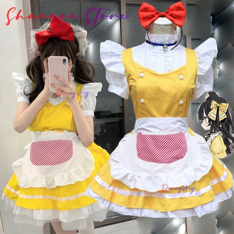 

KAWAII Mita Косплей Костюм Лето Желтое Платье Горничной Лолиты Ожерелье-колокольчик Комплект Хэллоуин Вечерние Ролевые Необычные Женские Платья
