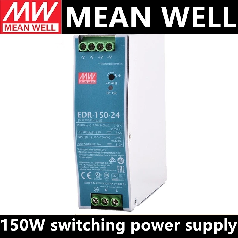 

MEAN WELL EDR-150-24 150W 24V DIN Rail Switching Power Supply 110V/220V AC to 24V DC 6.5A Industrial Power Unit