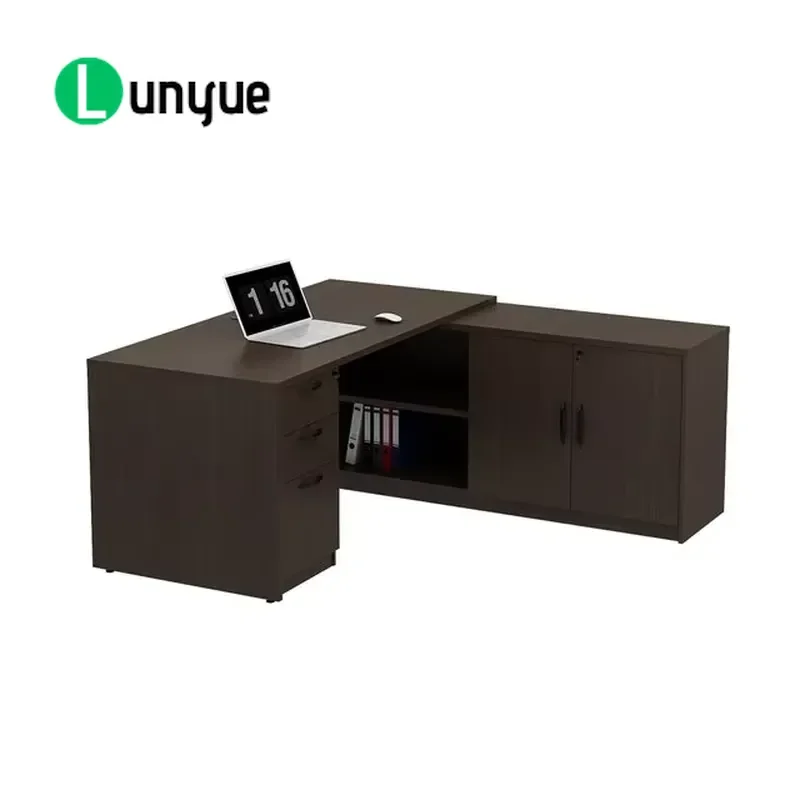 L Shaped Executive Desk Wooden Office Furniture with 3 Drawers Locked Storage Composite Side Cabinet for Home Business