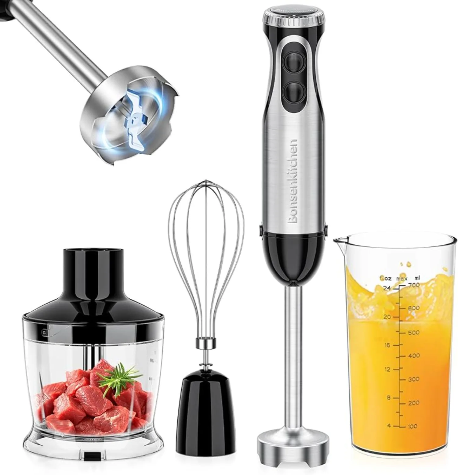 

Immersion Blender 4-in-1 Stainless Steel Handheld Blender with Whisk Beaker and Chopping Bowl