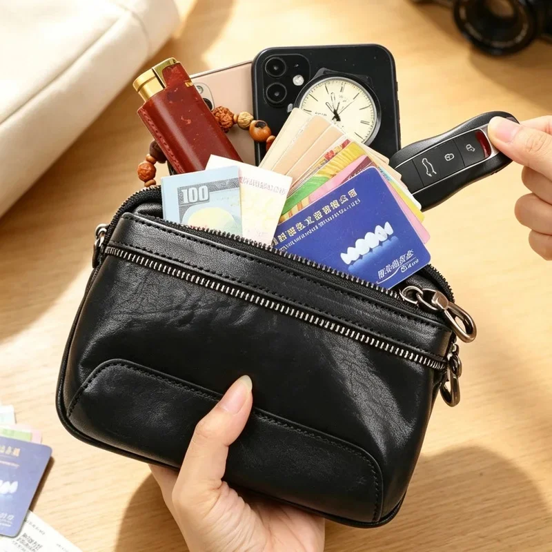 Men'S Genuine Leather Horizontal Mobile Phone Pack Retro Top Layer Cowhide Simple Casual Wear Belt Double Zipper Waist Bag