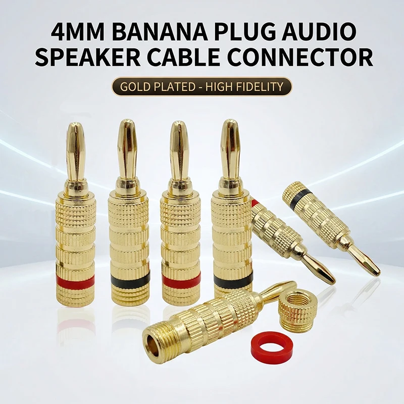8Pcs 24K Gold Plated Copper 4mm  Banana Plug  Banana Connector Male Speaker Plug Black Red