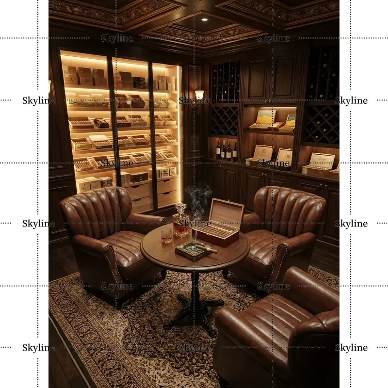 Retro American Cigar Bar Sofa and Chair Set Whiskey Club Lounge Furniture Tiger Pattern Single Seat Table Combination