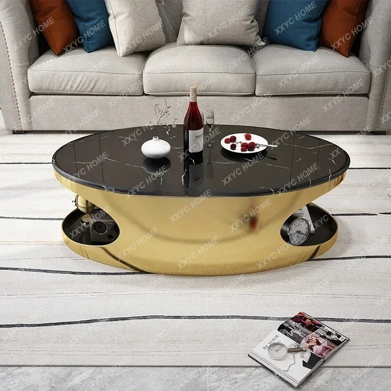 

A FG17Light Luxury Modern Golden Oval Marble Stainless Steel Storage Hollow Bright Tea Table