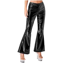Womens Shiny Metallic Disco Dancing Party Pants Elastic Waistband Bell Bottom Flared Trousers Stage Performance Cosplay Costume