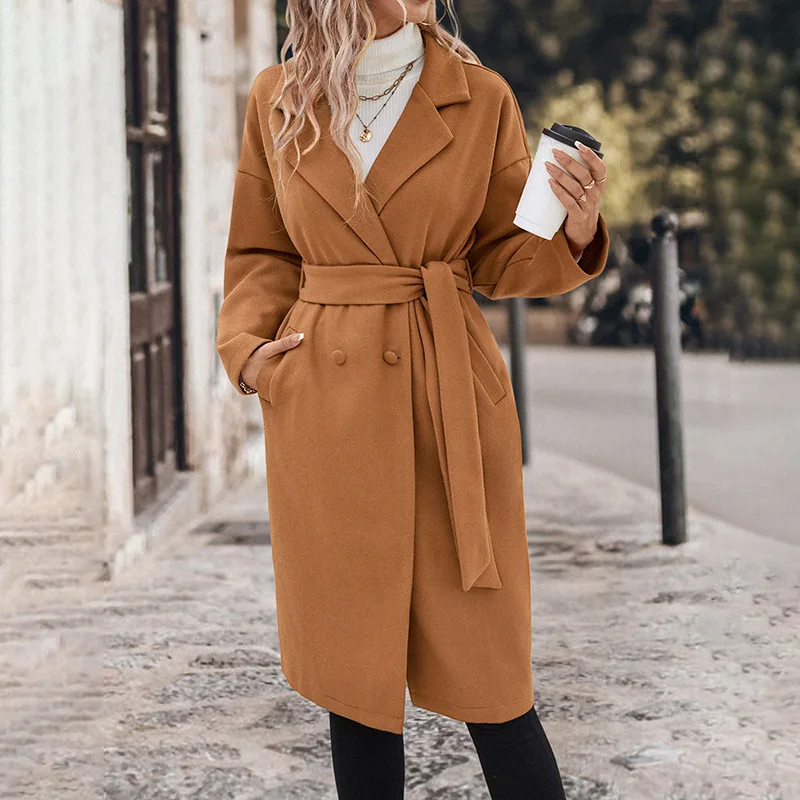 Women's Lace Up Extended Style Fashionable Temperament Solid Color Woolen Coat for Women