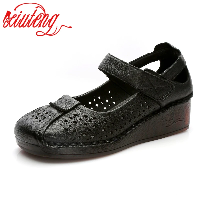 

Xiuteng Genuine Leather Retro Women Flat Sandals Ladies Hollow Out Loafers Shallow Mothers' Shoes Woman Flat with Cover Heel