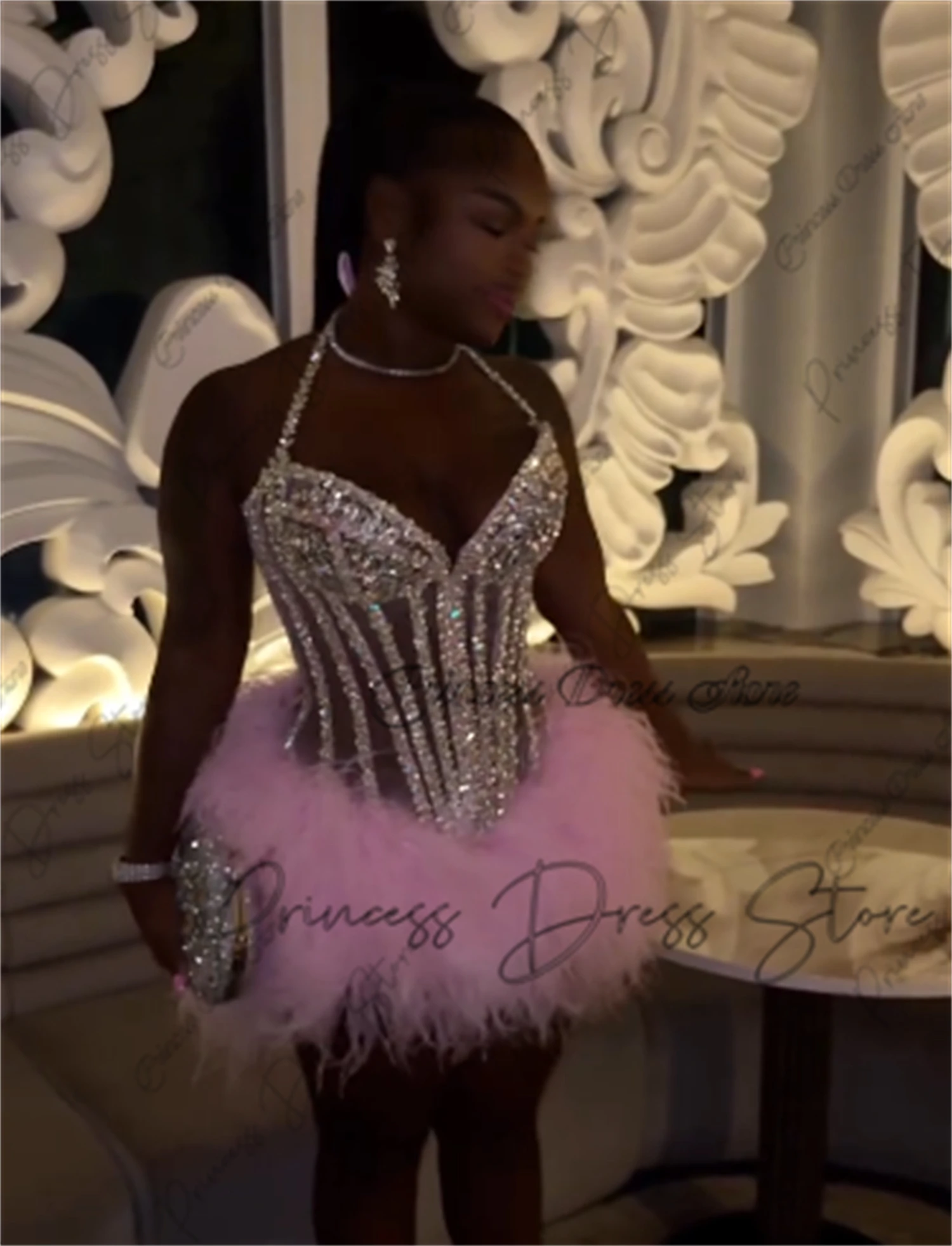 Shiny  Feather Birthday Prom Dresses Luxury Black Girls 2026 Beaded Rhinestones Homecoming Dress Mini Cocktail Gown Customized view 2