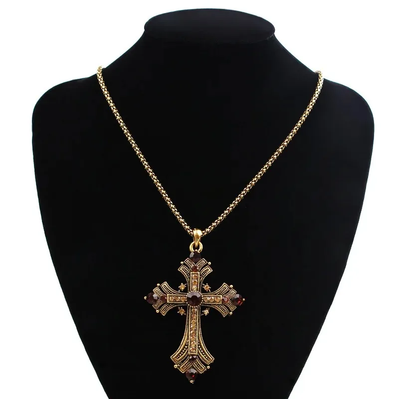 Vintage Gothic Two-tone Cubic Zirconia Set Cross Pendant Necklace Men's and Women's Personalized Punk Court Style Jewelry