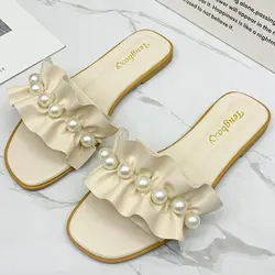 Women Slides Faux Pearl Decor Ruffle Trim Sandals Open Toe Wear-resistant Flat Slippers Summer Sandy Beach Sandals Women Shoes