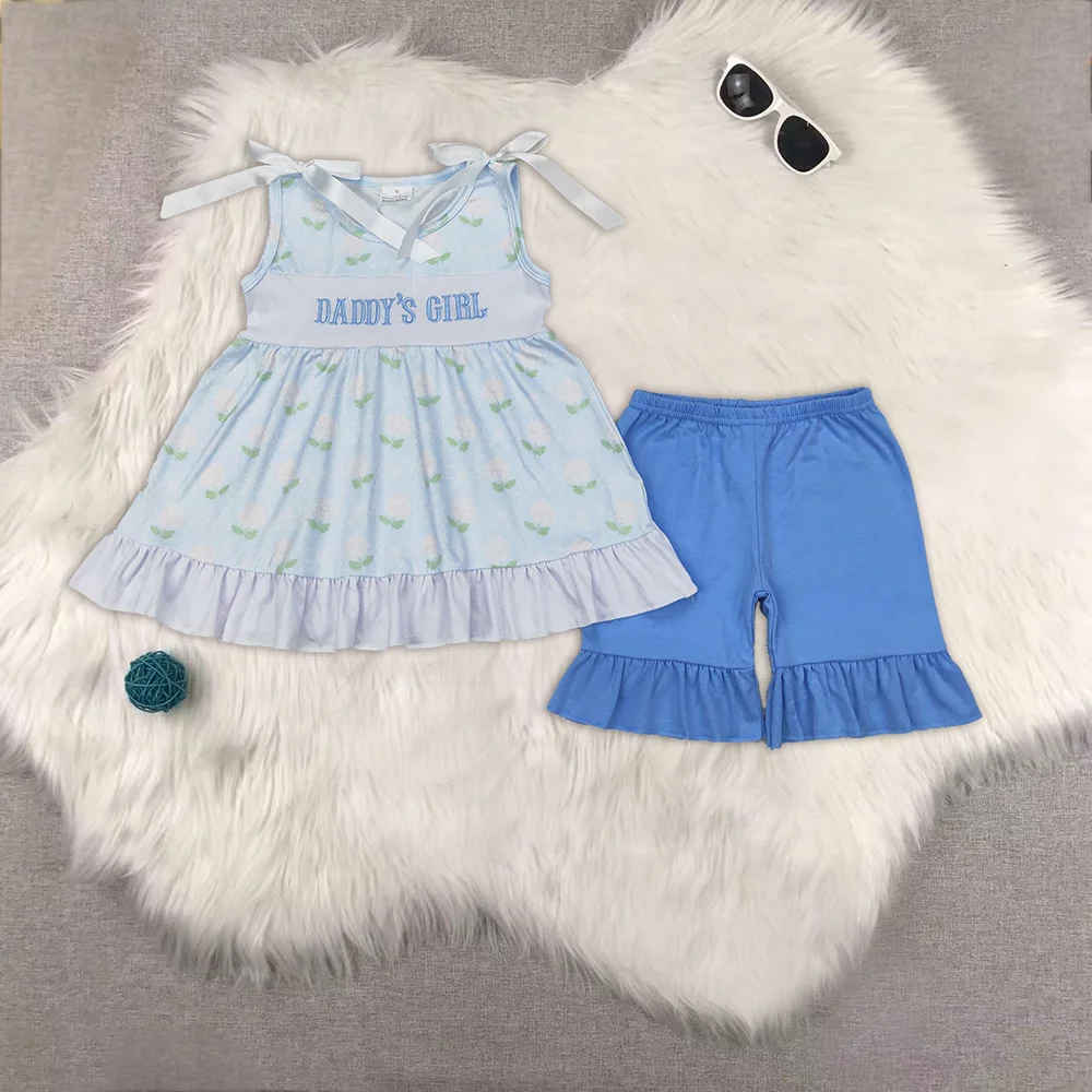 

Embroidery Baby Girls Blue Bows Daddy's Girl Tunic Ruffle Shorts Clothes Sets