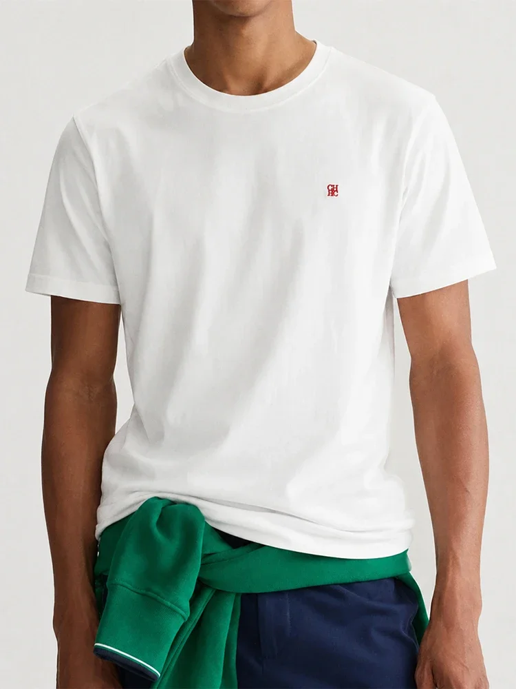 CH Herren Einfaches Rundhals-T-Shirt mit Versteckter Wappen-Stickerei Regular Fit Kurzarm Alltags-Partnerkleidung – Detail 2