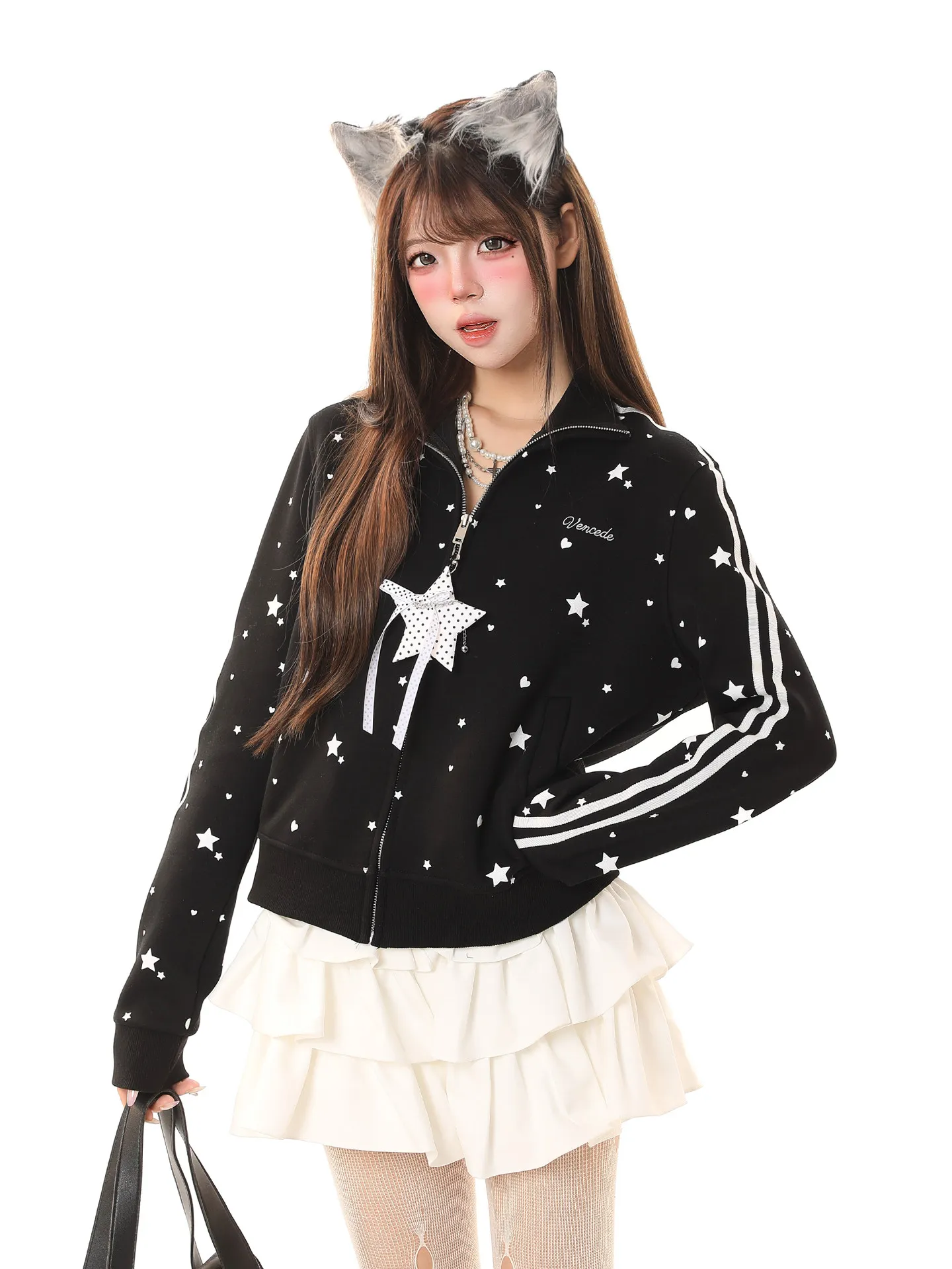 

Новая весенняя женская легкая повседневная верхняя одежда: кардиган-свитшот с принтом звезд и воротником-стойкой