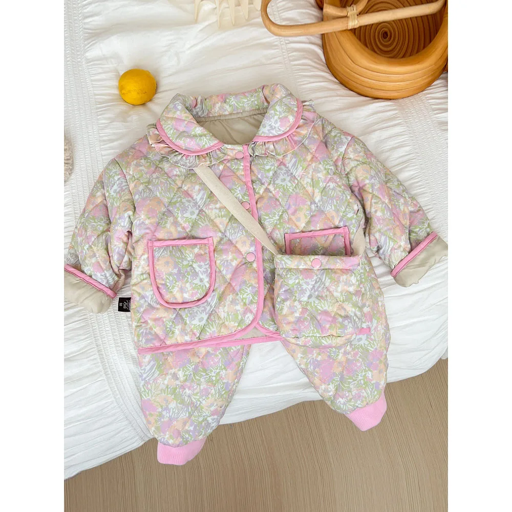 3pcs Floral Print Kids Cotton Suit for Girls Cute Ruffled One Breasted Padded Coat+Elastic Waist Warm Pants+Crossbody Bag