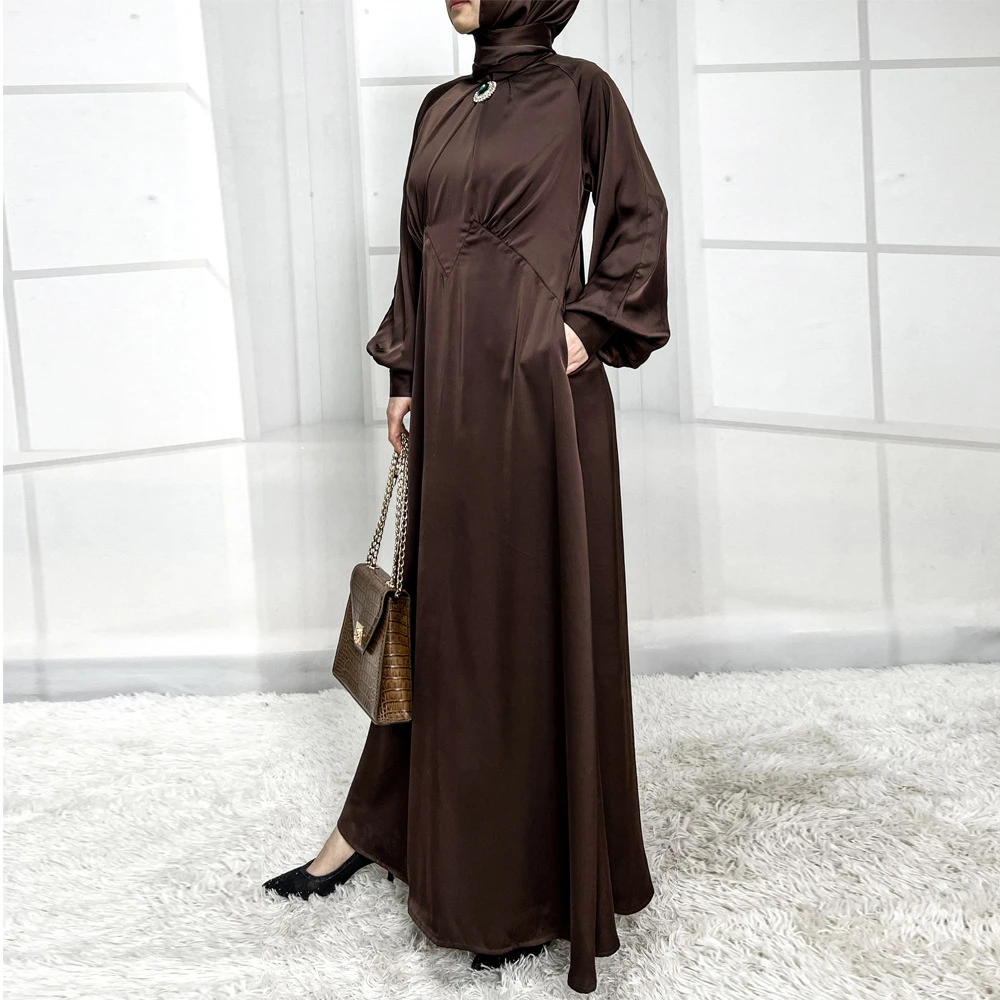 

Long Muslim Women Dress Diamond Decoration Puff Sleeves Fitted Waist Modest Hijabi Abaya Robe
